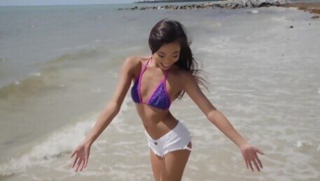 Teen Asian sucks dick and fucks with local by the beach