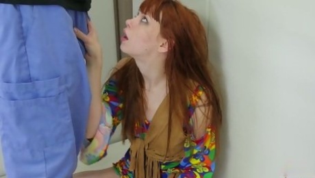 Submissive redhead Alexa Nova stands on knees while deepthroating dick