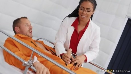 Horny and hot black doctor flashes her tits before patient fucks her mish