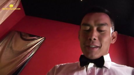 Asian man waits in room for hot blonde