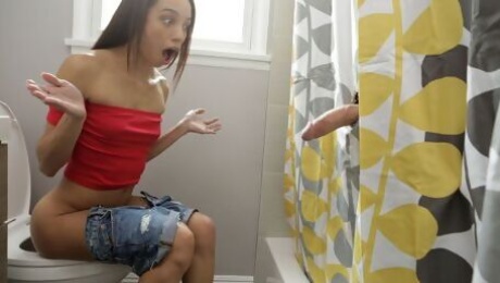 Video  Happy young brunette Alexis Tae is sucking a long boner in the shower